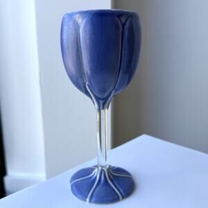 Newman Ceramic Works Wine Glass Blue Tulip Shaped Porcelain 7" Signed Salem, OR